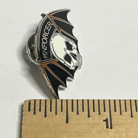 VTG Black White Enforcer Skull Bat Wings Lapel Jacket Hat Pin Collectible - Picture 9 of 9